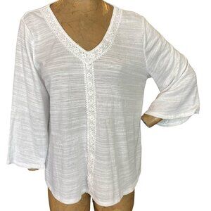 Spense Flare Sleeve BOHO Gauzey Top Embroidered Trim V-Neck Sz L White #344F